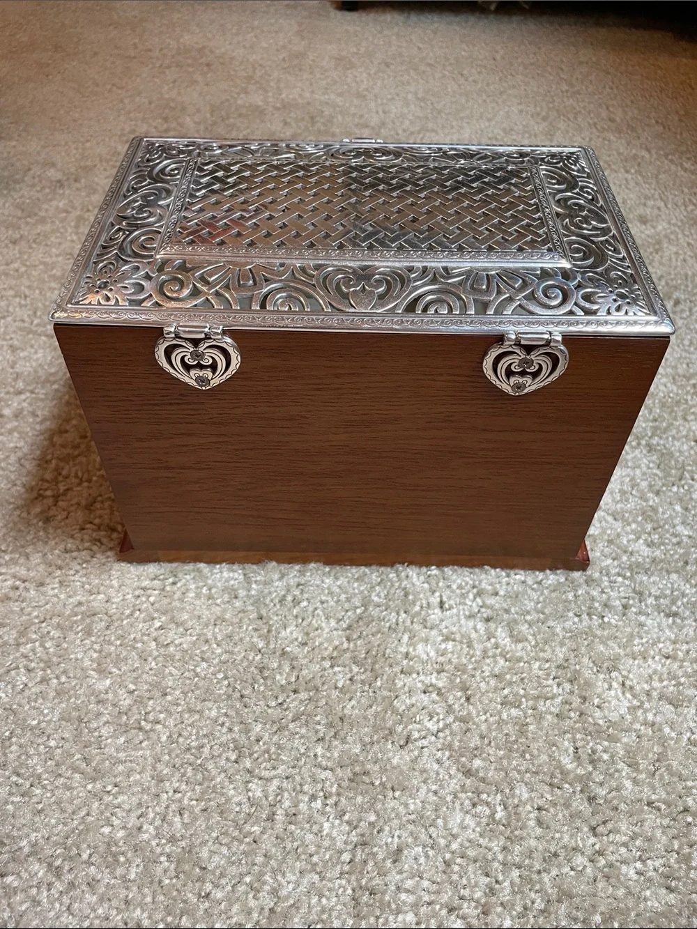 Brighton Wooden Jewelry Chest with Intricate Silver-Tone Top